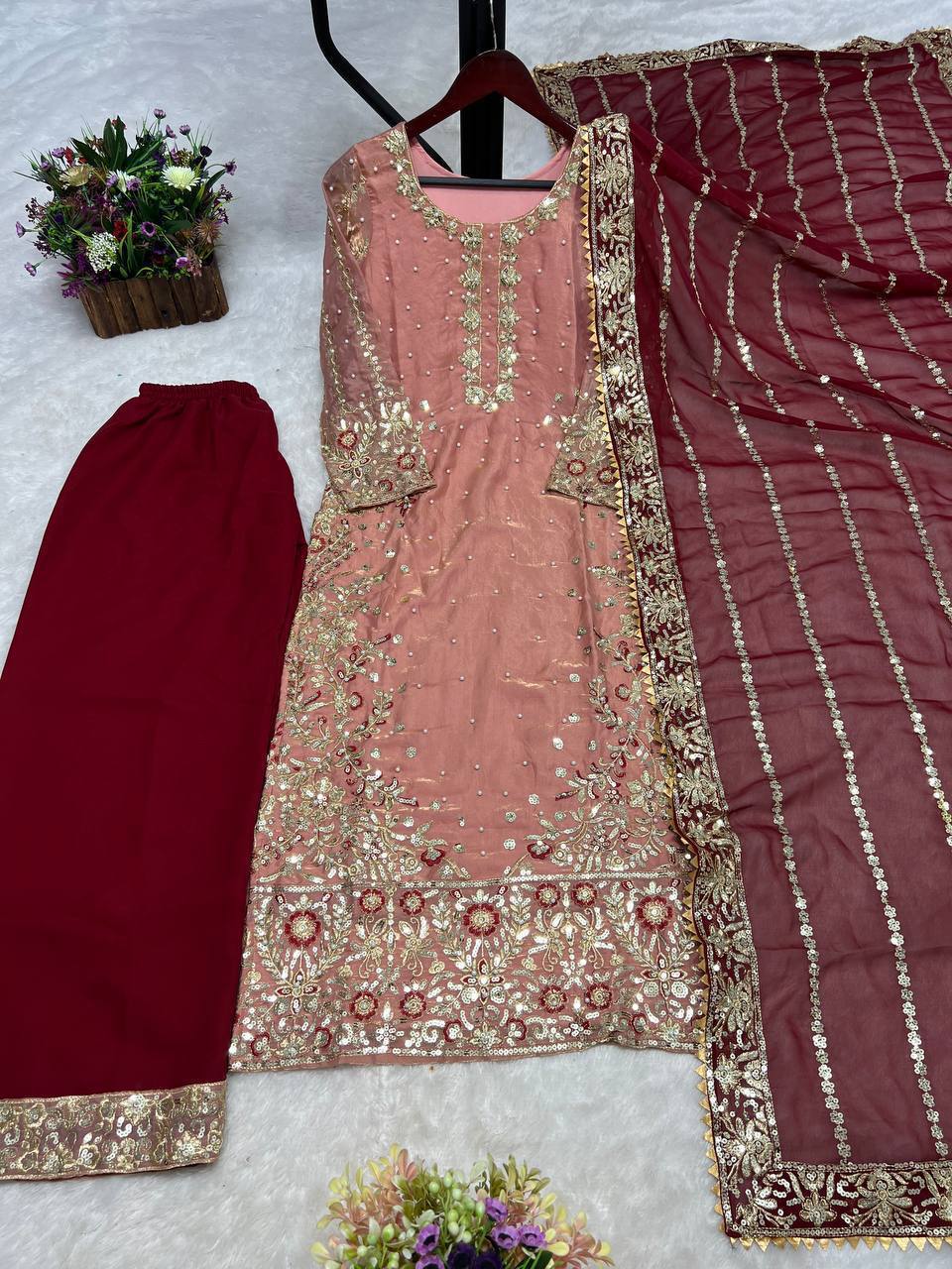 Prazu Fashion Peach Frendy Silk Embroidered Riveted Moti Work Palazzo Suit - Distacart