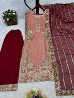 Prazu Fashion Peach Frendy Silk Embroidered Riveted Moti Work Palazzo Suit - Distacart