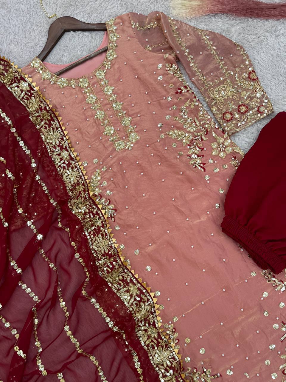 Prazu Fashion Peach Frendy Silk Embroidered Riveted Moti Work Palazzo Suit - Distacart