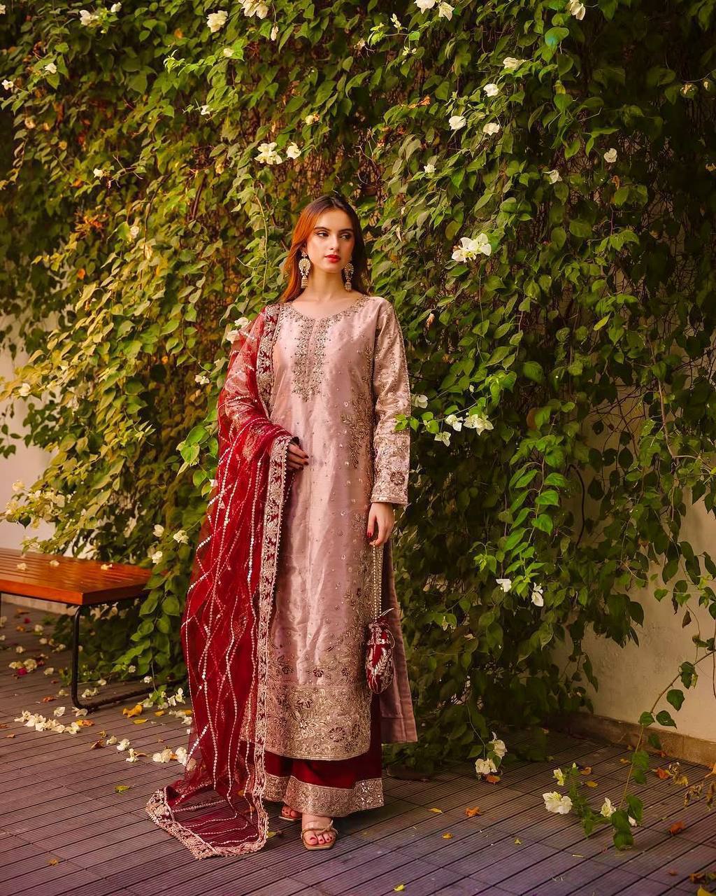 Prazu Fashion Peach Frendy Silk Embroidered Riveted Moti Work Palazzo Suit - Distacart