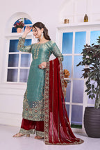 Prazu Fashion Sky Blue Frendy Silk Embroidered Riveted Moti Work Palazzo Suit - Distacart
