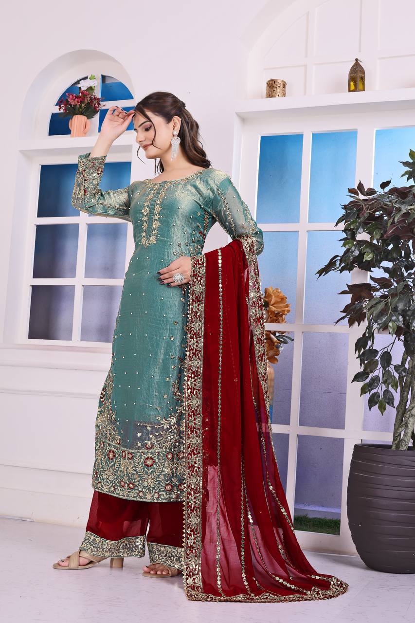 Prazu Fashion Sky Blue Frendy Silk Embroidered Riveted Moti Work Palazzo Suit - Distacart