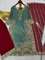 Prazu Fashion Sky Blue Frendy Silk Embroidered Riveted Moti Work Palazzo Suit - Distacart