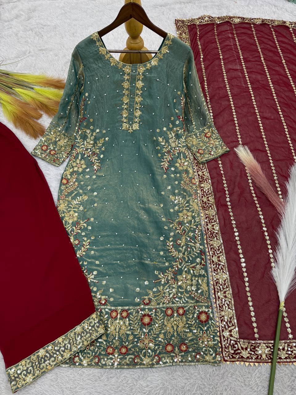 Prazu Fashion Sky Blue Frendy Silk Embroidered Riveted Moti Work Palazzo Suit - Distacart