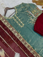 Prazu Fashion Sky Blue Frendy Silk Embroidered Riveted Moti Work Palazzo Suit - Distacart
