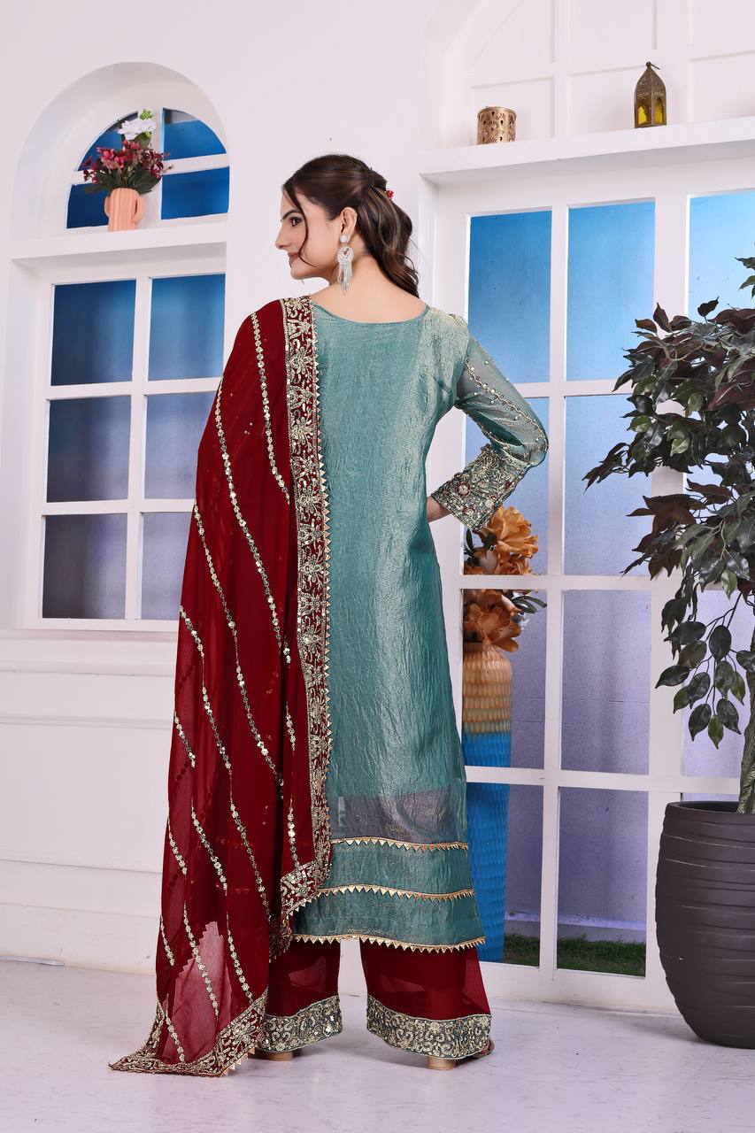 Prazu Fashion Sky Blue Frendy Silk Embroidered Riveted Moti Work Palazzo Suit - Distacart