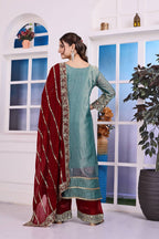 Prazu Fashion Sky Blue Frendy Silk Embroidered Riveted Moti Work Palazzo Suit - Distacart