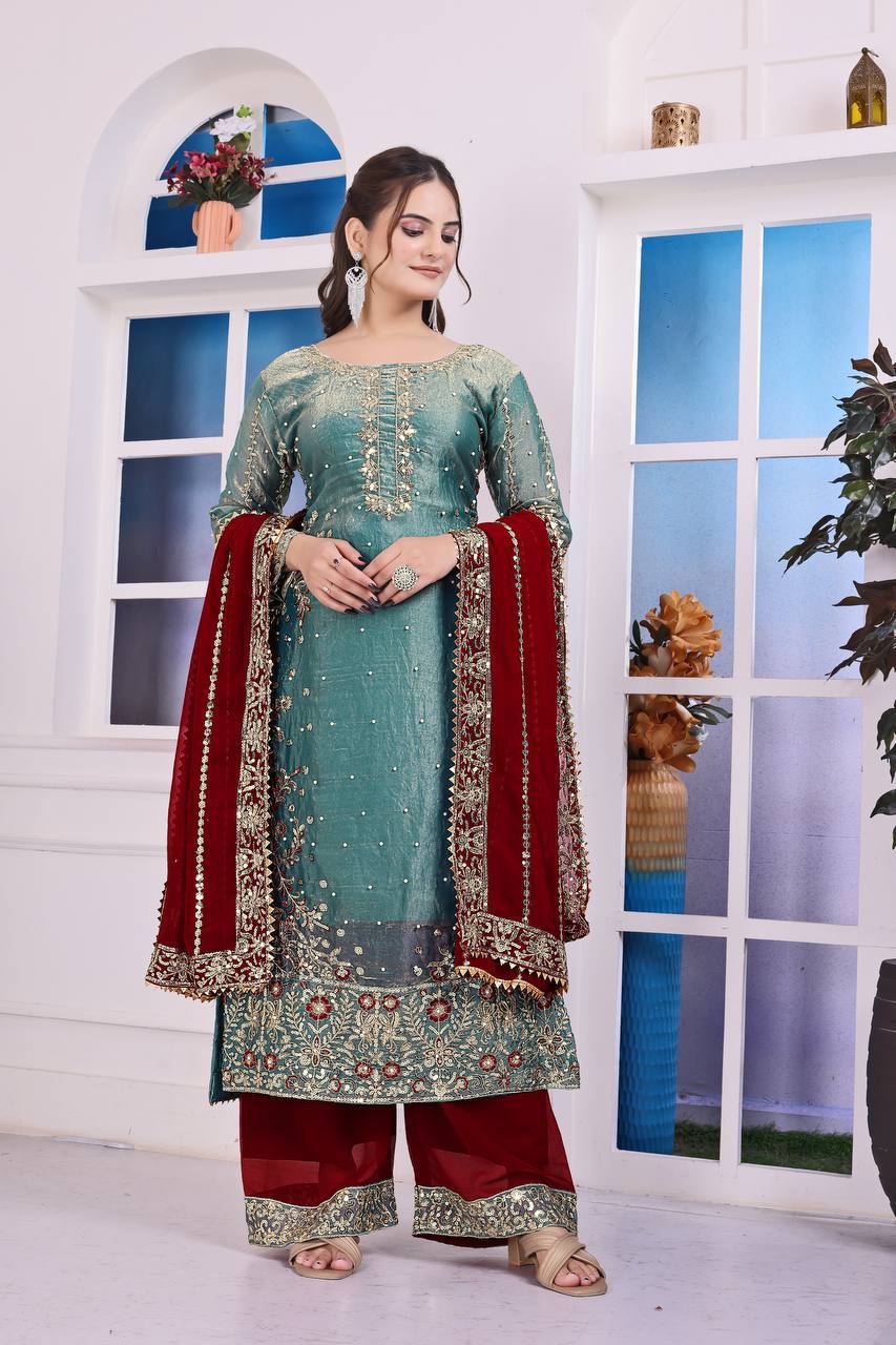Prazu Fashion Sky Blue Frendy Silk Embroidered Riveted Moti Work Palazzo Suit - Distacart