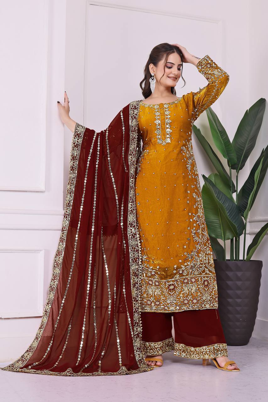Prazu Fashion Yellow Frendy Silk Embroidered Riveted Moti Work Palazzo Suit - Distacart