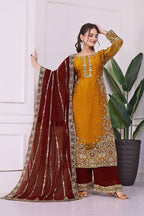 Prazu Fashion Yellow Frendy Silk Embroidered Riveted Moti Work Palazzo Suit - Distacart