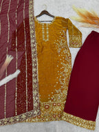 Prazu Fashion Yellow Frendy Silk Embroidered Riveted Moti Work Palazzo Suit - Distacart