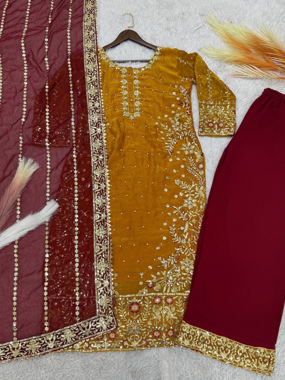 Prazu Fashion Yellow Frendy Silk Embroidered Riveted Moti Work Palazzo Suit - Distacart
