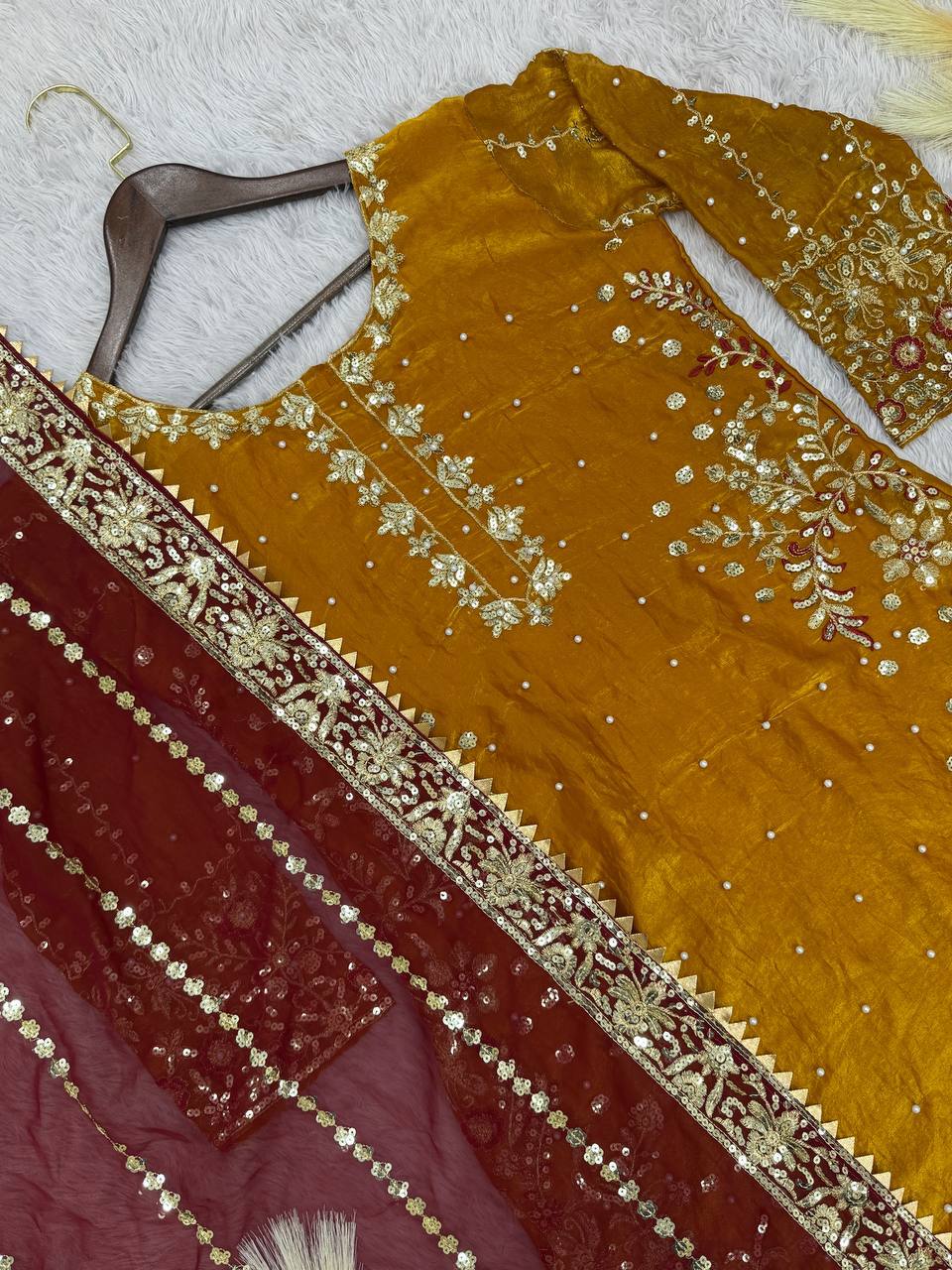 Prazu Fashion Yellow Frendy Silk Embroidered Riveted Moti Work Palazzo Suit - Distacart