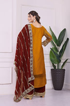 Prazu Fashion Yellow Frendy Silk Embroidered Riveted Moti Work Palazzo Suit - Distacart