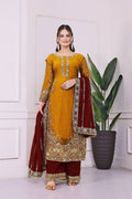Prazu Fashion Yellow Frendy Silk Embroidered Riveted Moti Work Palazzo Suit - Distacart