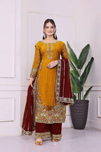 Prazu Fashion Yellow Frendy Silk Embroidered Riveted Moti Work Palazzo Suit - Distacart