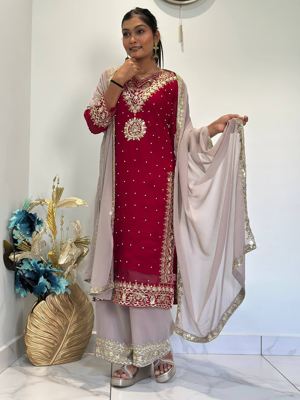Prazu Fashion Maroon Georgette Embroidered Sequence Palazzo Suit - Distacart