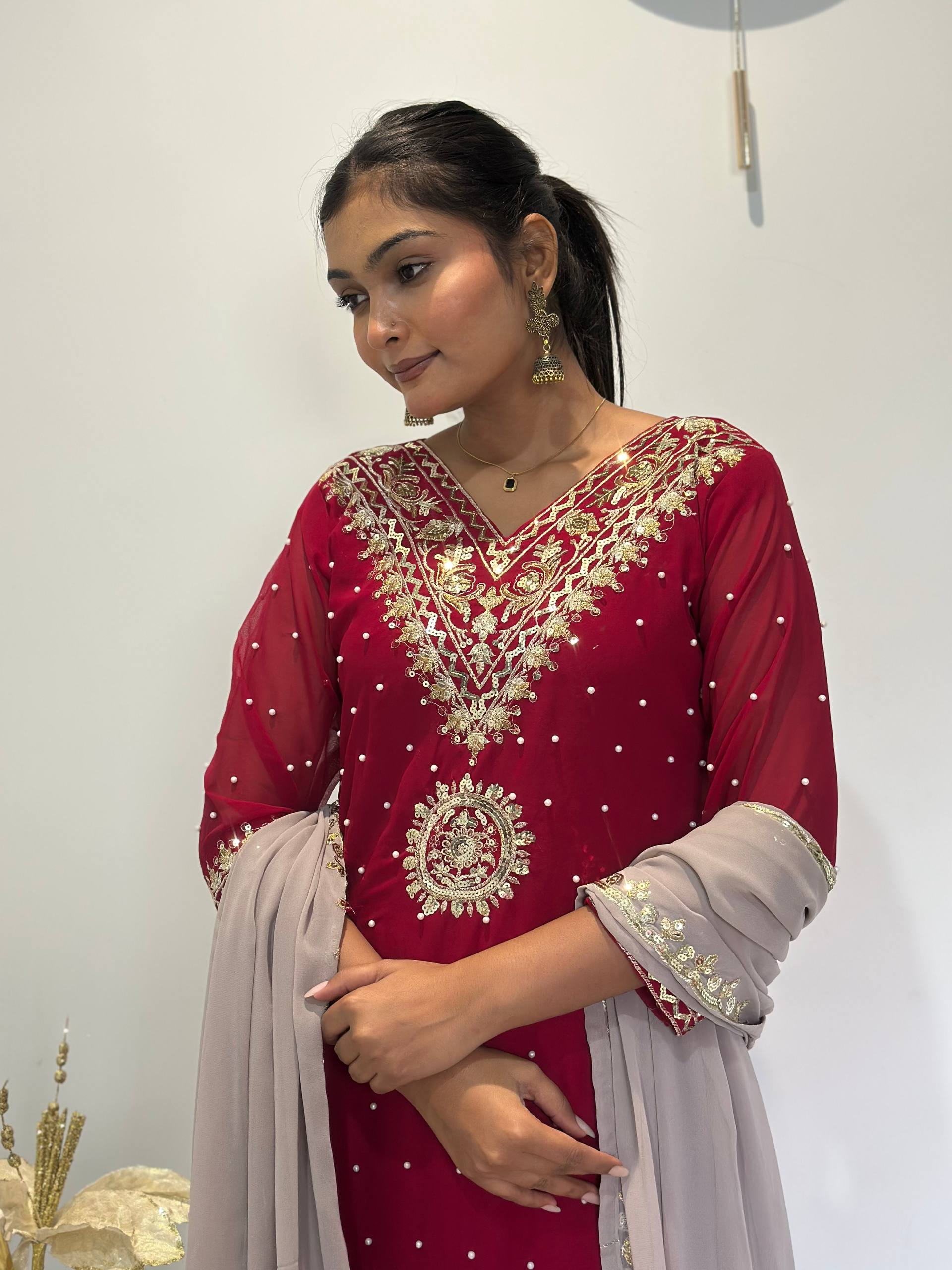 Prazu Fashion Maroon Georgette Embroidered Sequence Palazzo Suit - Distacart