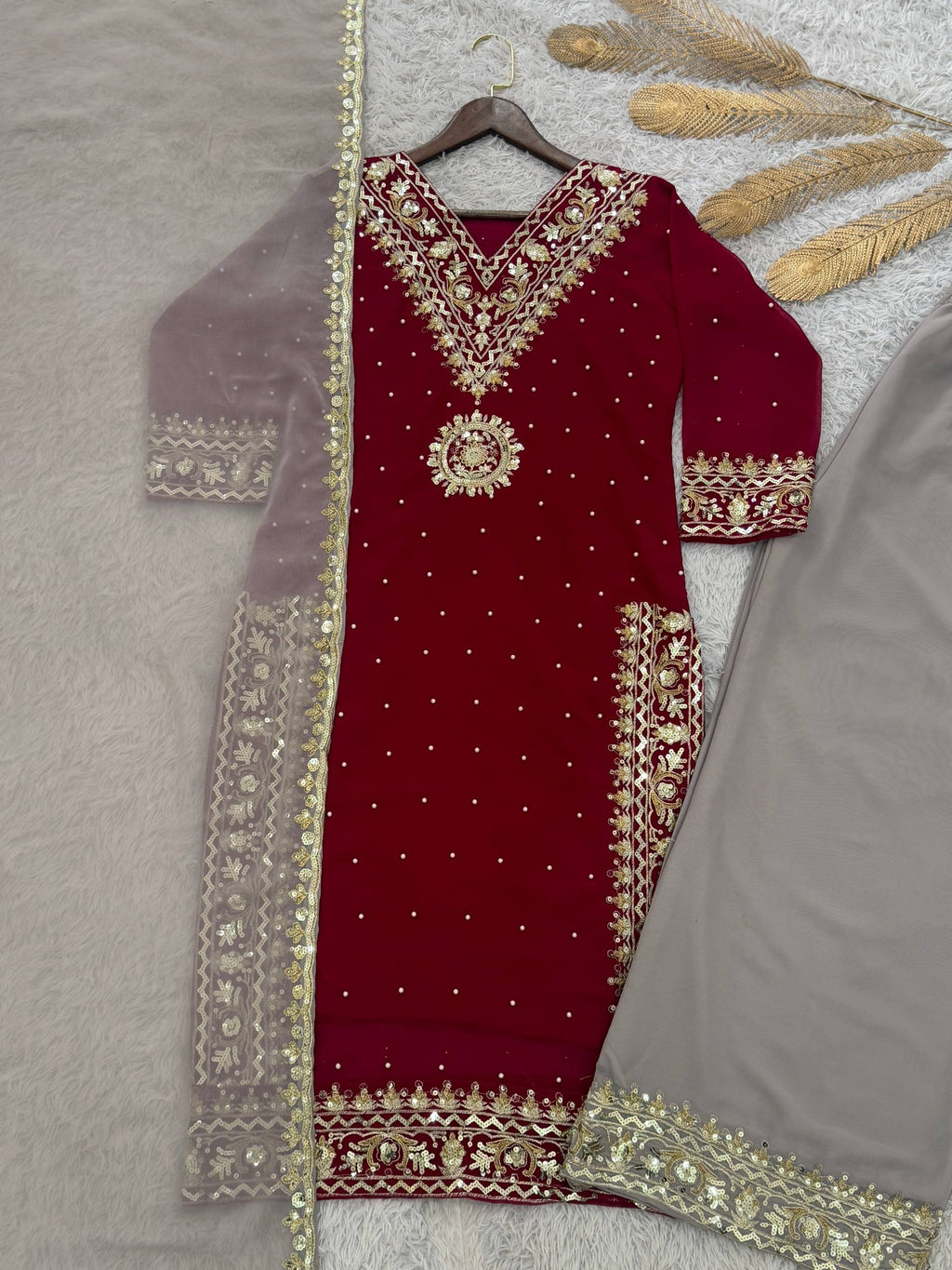 Prazu Fashion Maroon Georgette Embroidered Sequence Palazzo Suit - Distacart