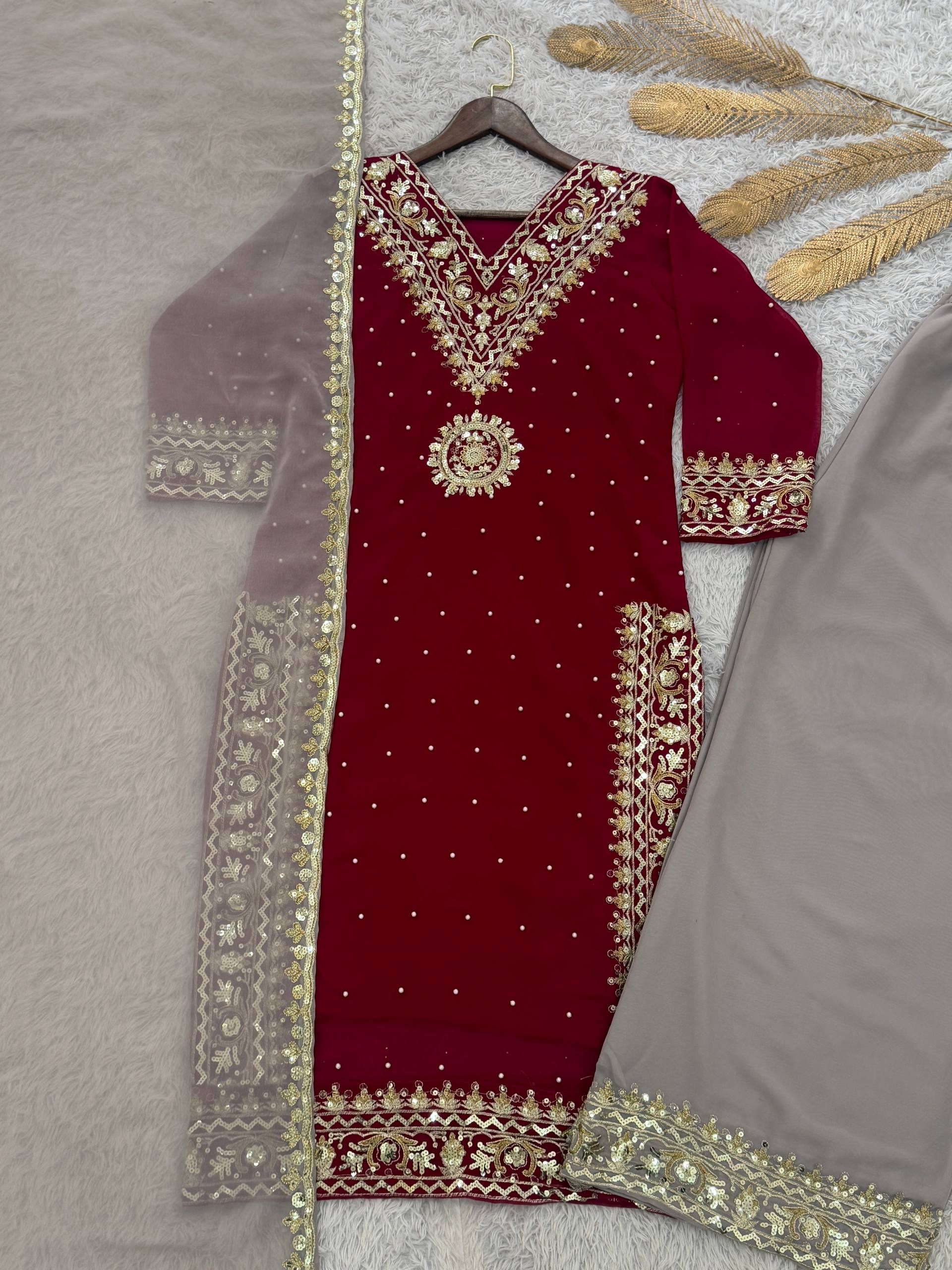 Prazu Fashion Maroon Georgette Embroidered Sequence Palazzo Suit - Distacart