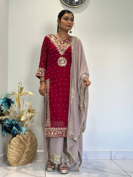 Prazu Fashion Maroon Georgette Embroidered Sequence Palazzo Suit