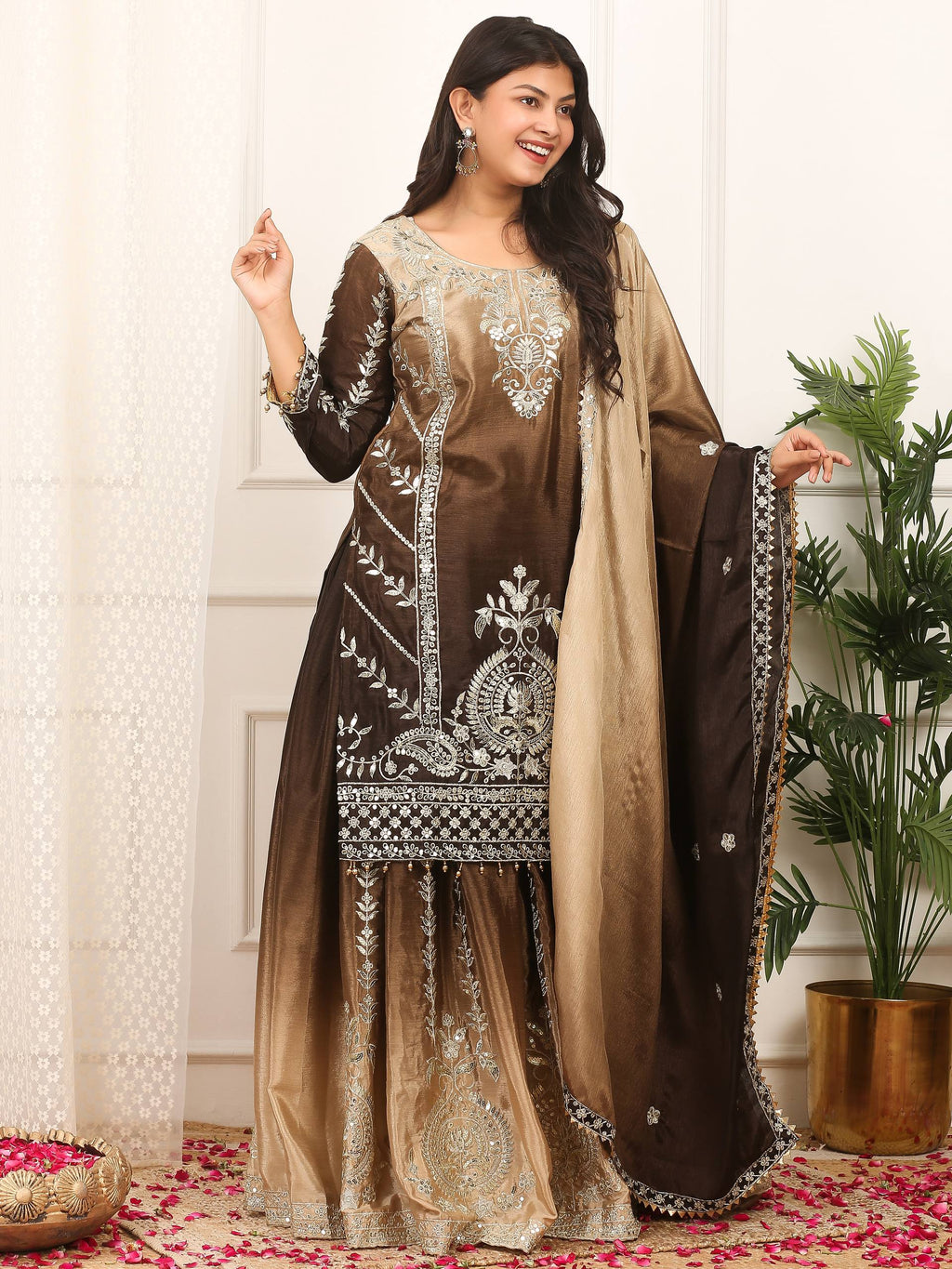 Prazu Fashion Coffee Shaded Chinon Silk Embroidered Sequence Palazzo Suit - Distacart