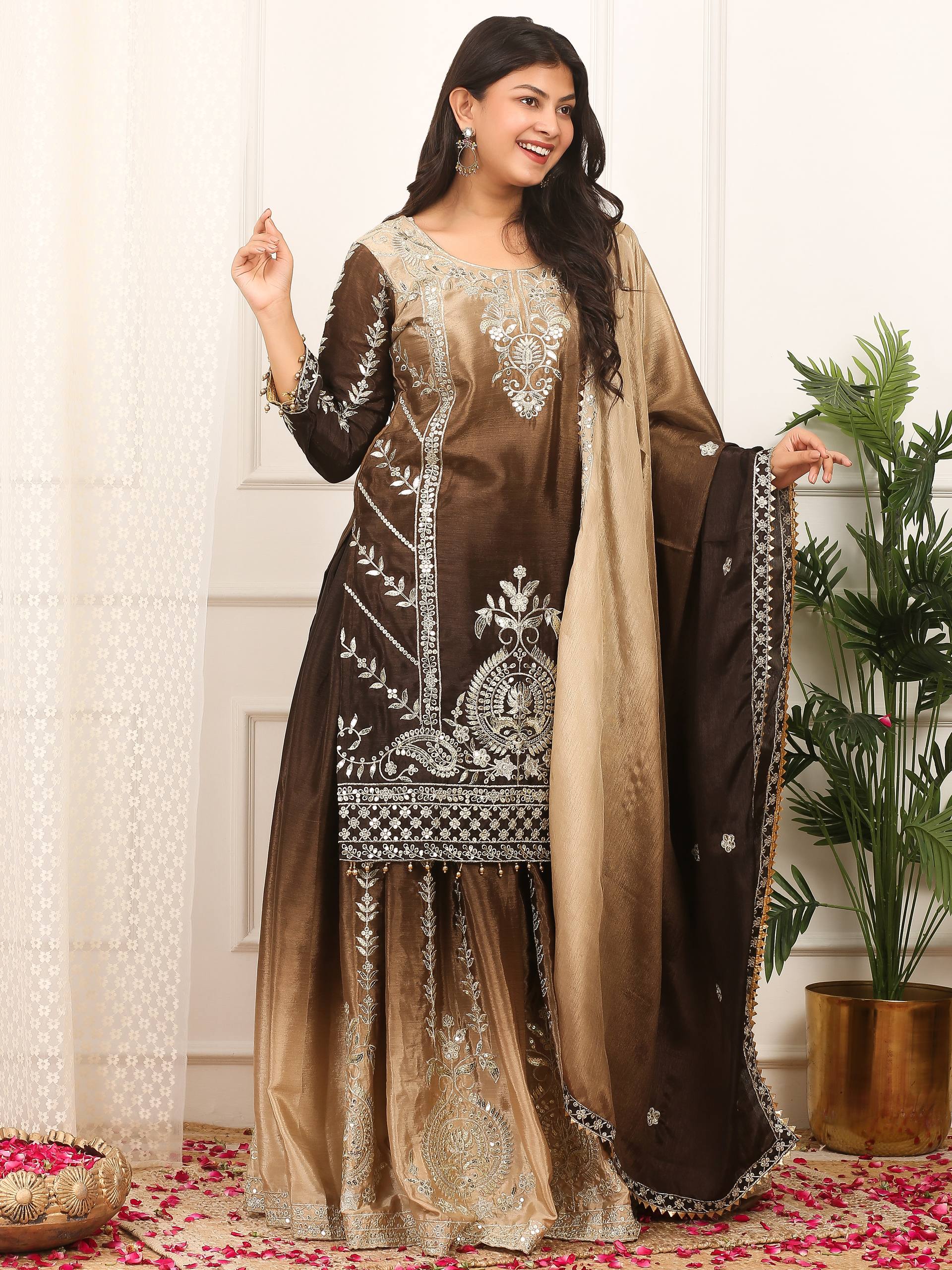 Prazu Fashion Coffee Shaded Chinon Silk Embroidered Sequence Palazzo Suit - Distacart