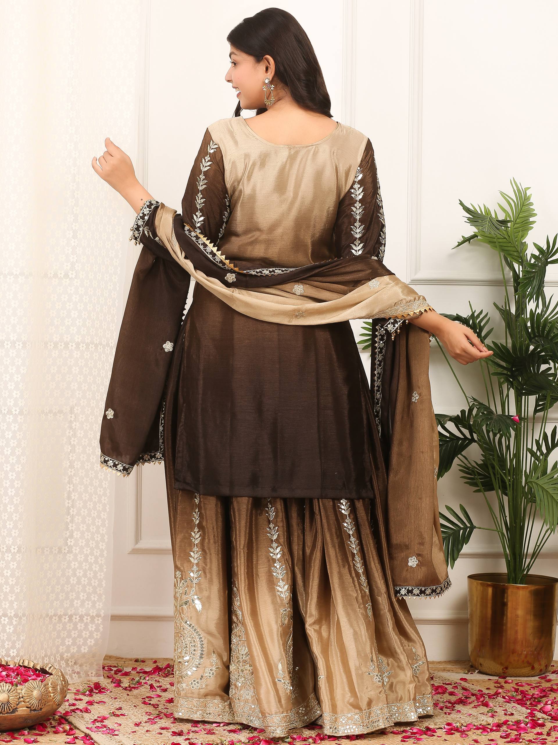Prazu Fashion Coffee Shaded Chinon Silk Embroidered Sequence Palazzo Suit - Distacart