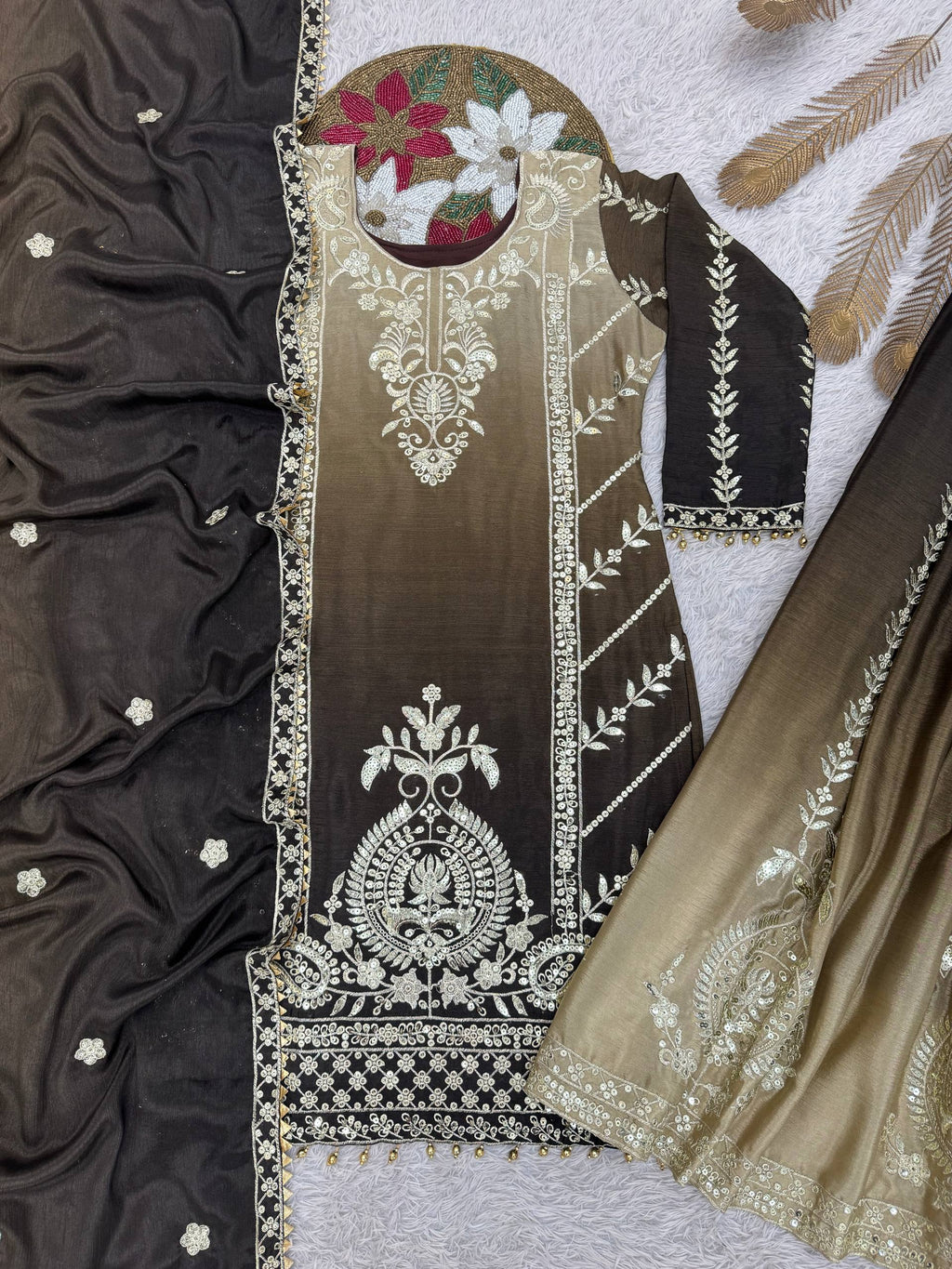 Prazu Fashion Coffee Shaded Chinon Silk Embroidered Sequence Palazzo Suit - Distacart