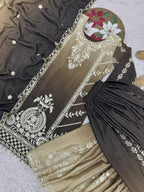 Prazu Fashion Coffee Shaded Chinon Silk Embroidered Sequence Palazzo Suit - Distacart
