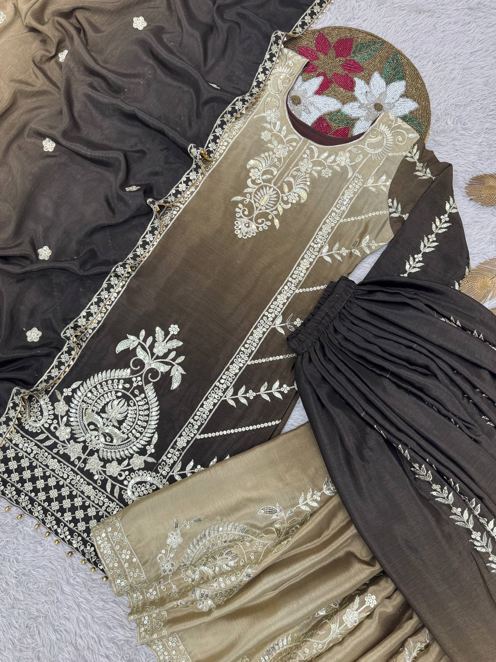 Prazu Fashion Coffee Shaded Chinon Silk Embroidered Sequence Palazzo Suit - Distacart
