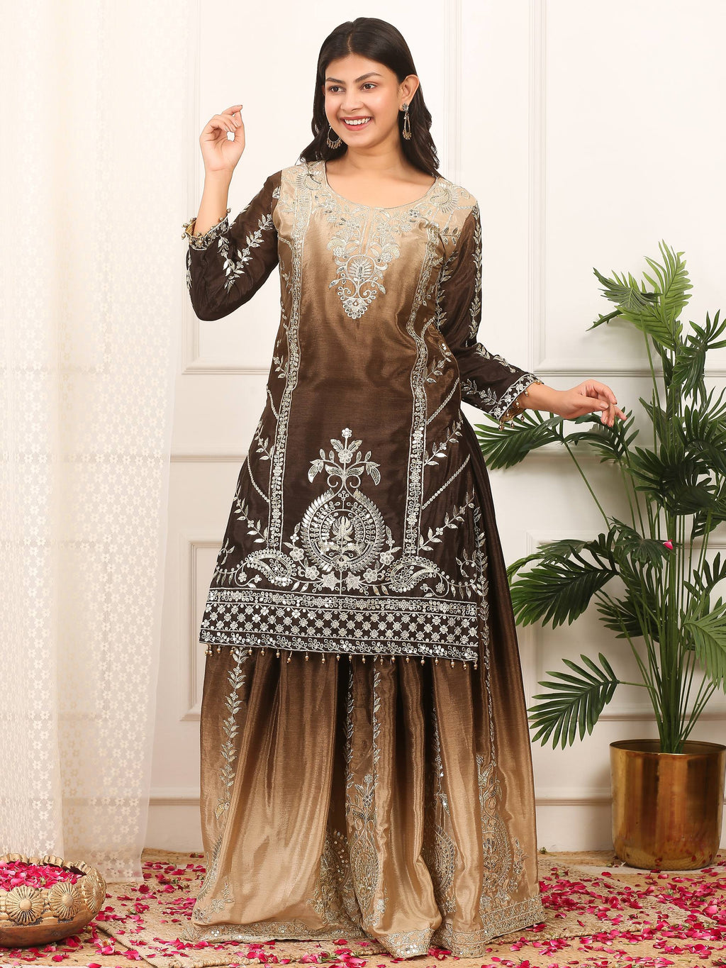 Prazu Fashion Coffee Shaded Chinon Silk Embroidered Sequence Palazzo Suit - Distacart