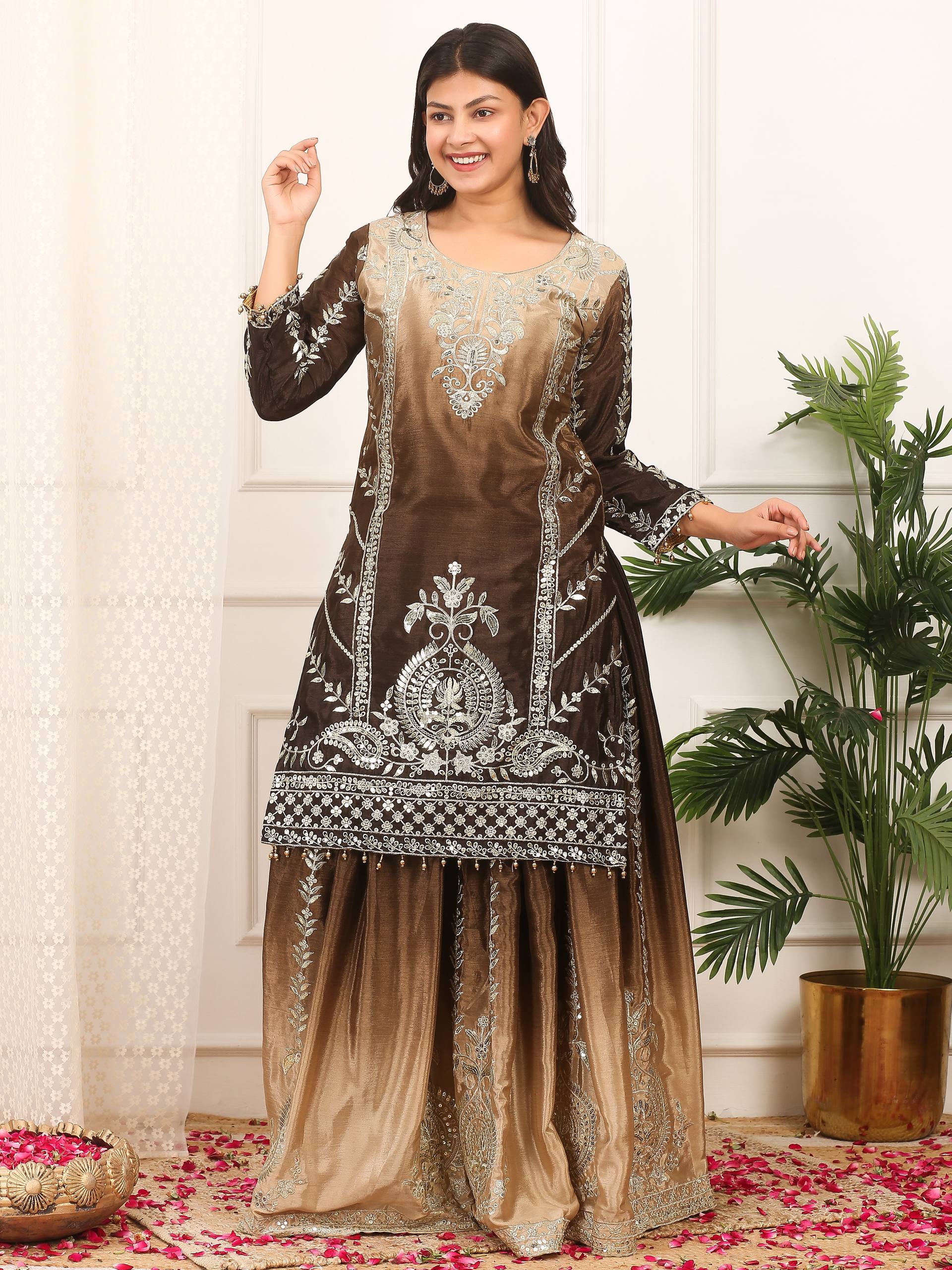 Prazu Fashion Coffee Shaded Chinon Silk Embroidered Sequence Palazzo Suit - Distacart