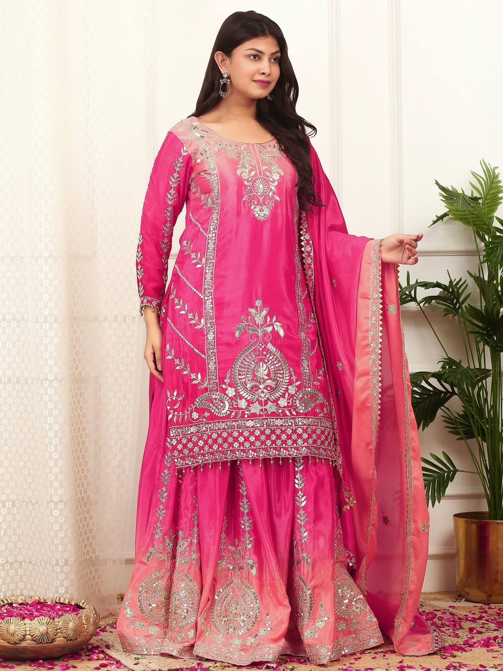 Prazu Fashion Pink Shaded Chinon Silk Embroidered Sequence Palazzo Suit - Distacart