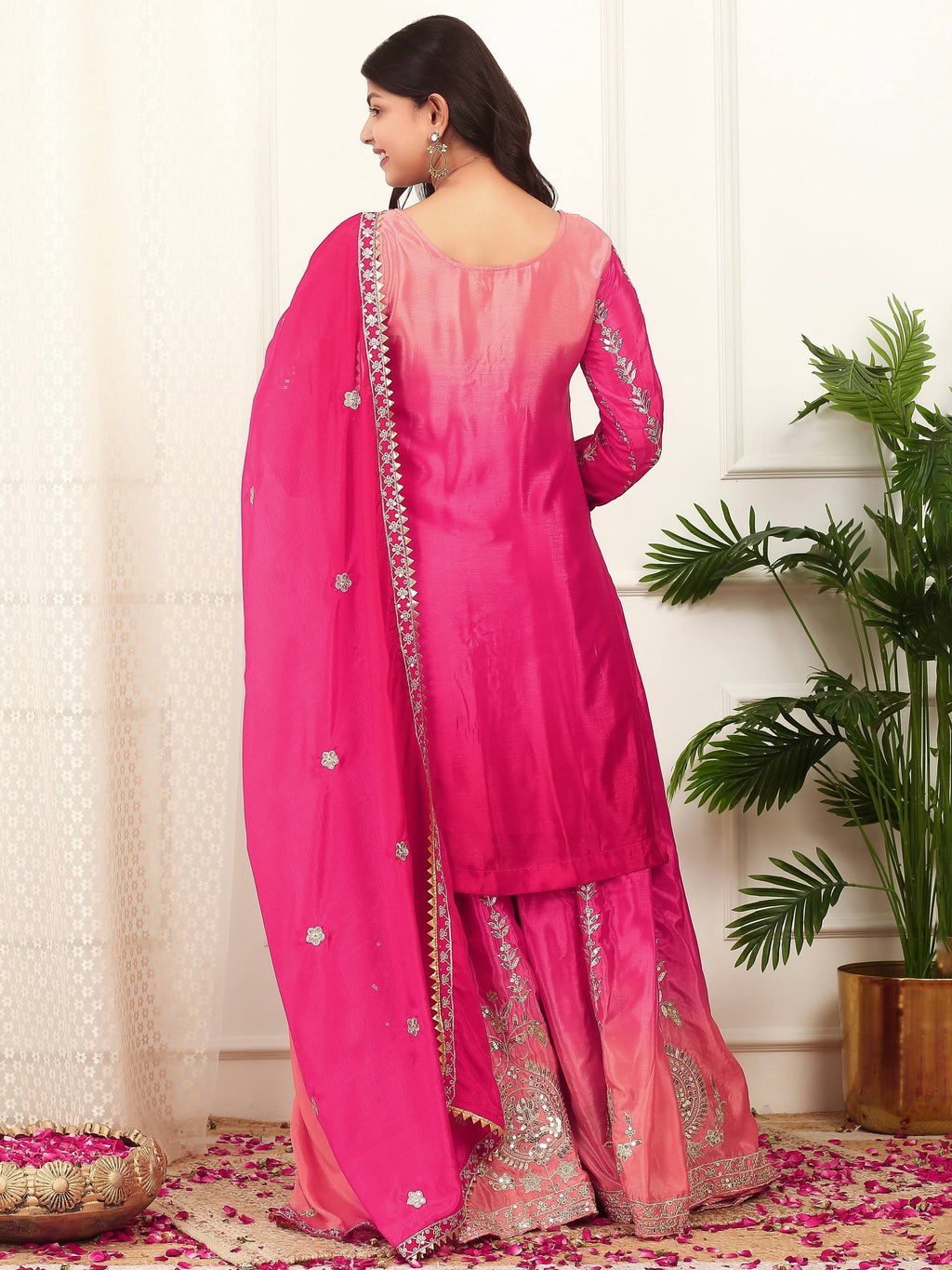 Prazu Fashion Pink Shaded Chinon Silk Embroidered Sequence Palazzo Suit - Distacart