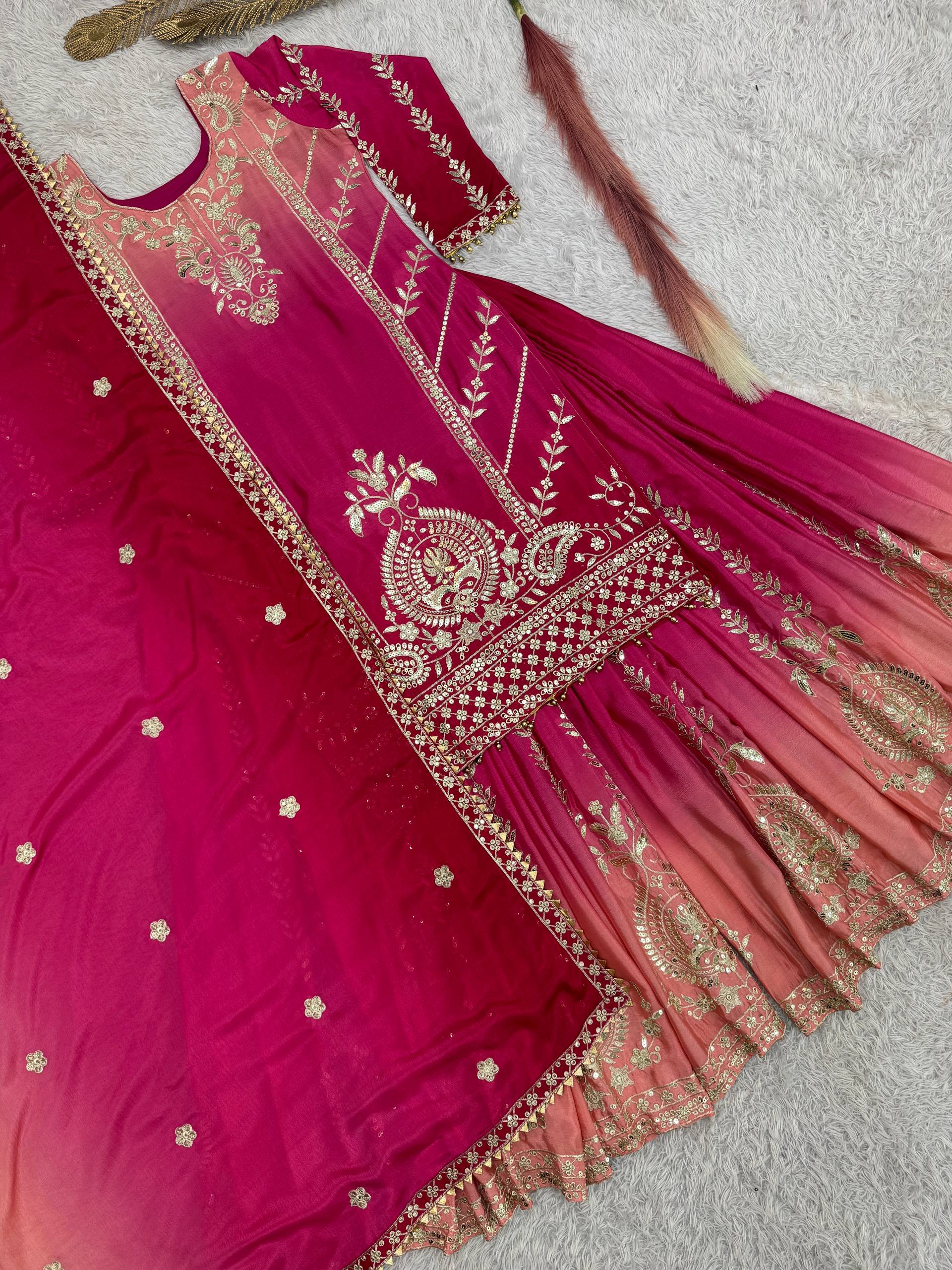 Prazu Fashion Pink Shaded Chinon Silk Embroidered Sequence Palazzo Suit - Distacart