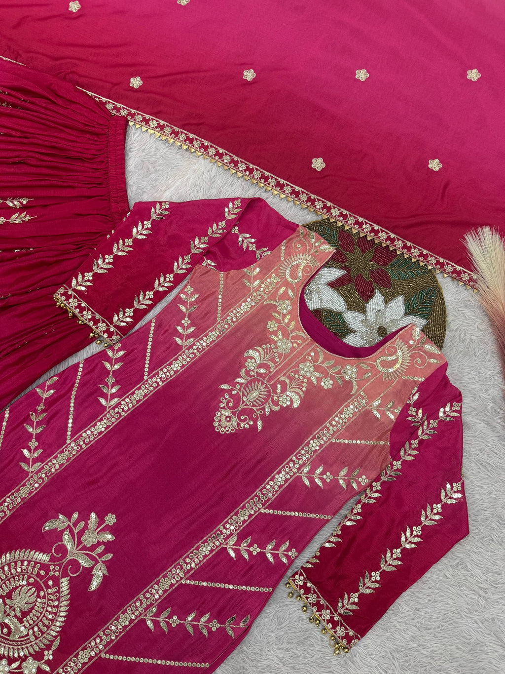 Prazu Fashion Pink Shaded Chinon Silk Embroidered Sequence Palazzo Suit - Distacart
