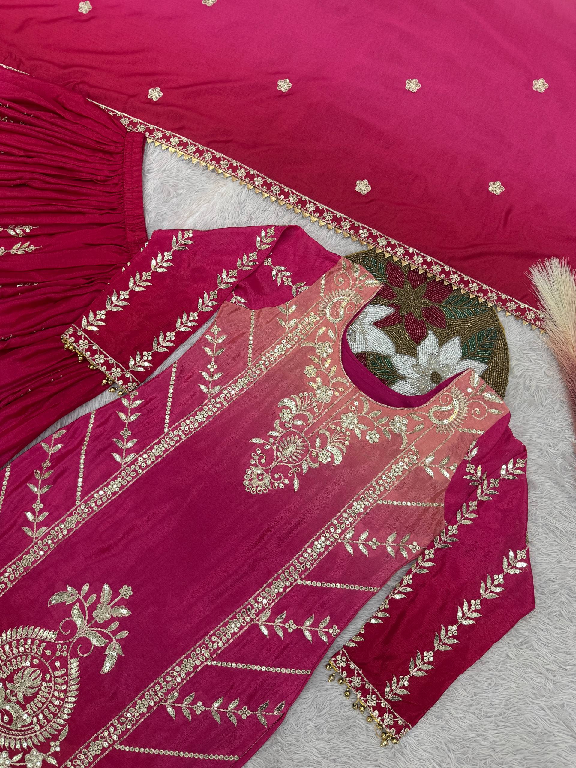 Prazu Fashion Pink Shaded Chinon Silk Embroidered Sequence Palazzo Suit - Distacart