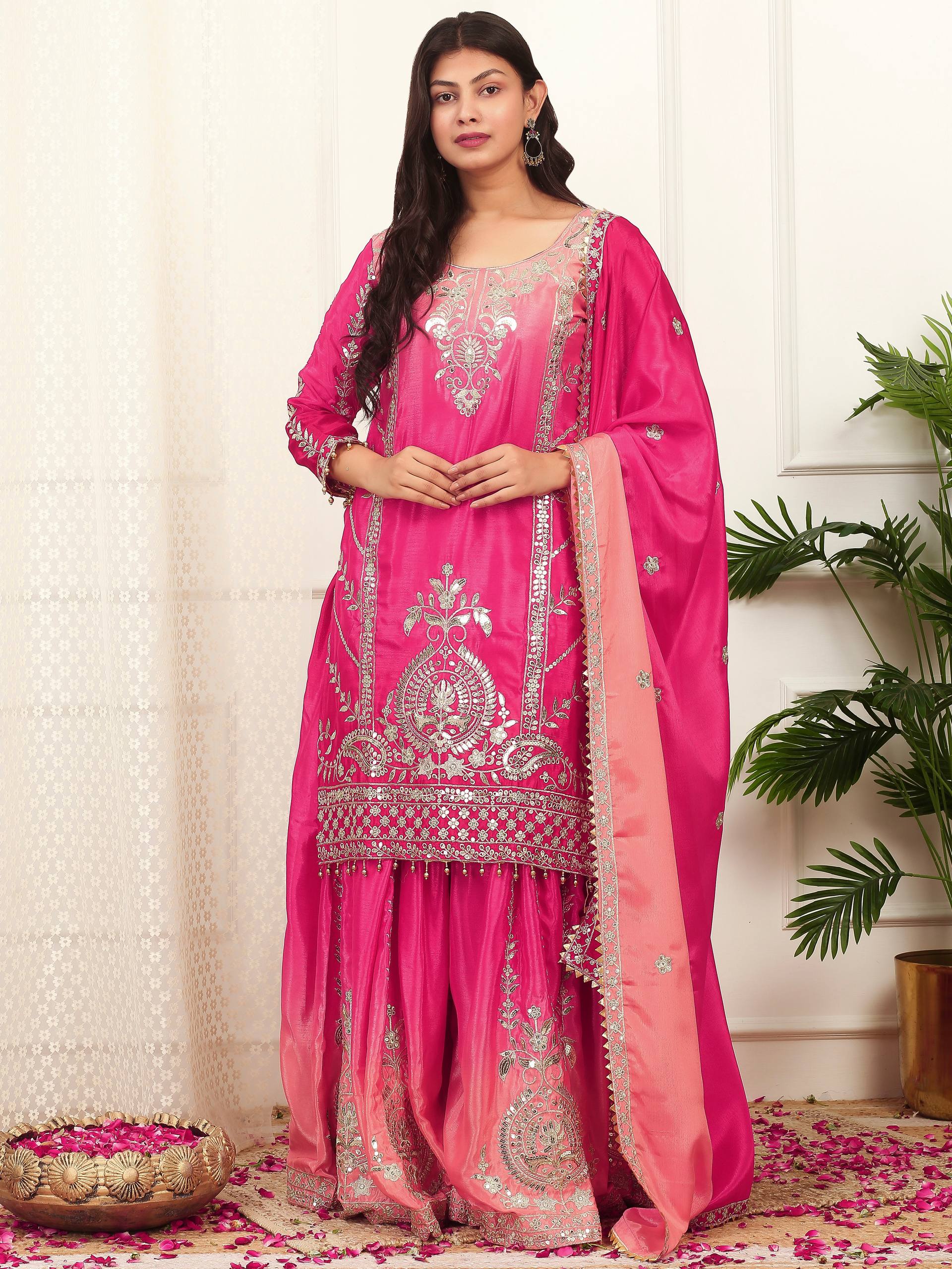 Prazu Fashion Pink Shaded Chinon Silk Embroidered Sequence Palazzo Suit - Distacart
