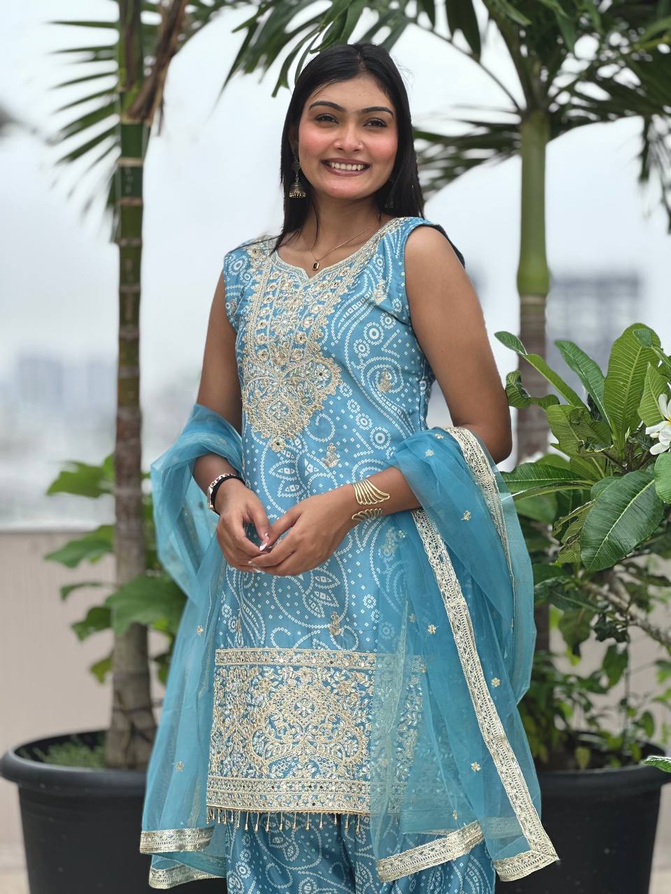 Prazu Fashion Sky Blue Chinon Silk Embroidered Dhoti Style Suit - Distacart