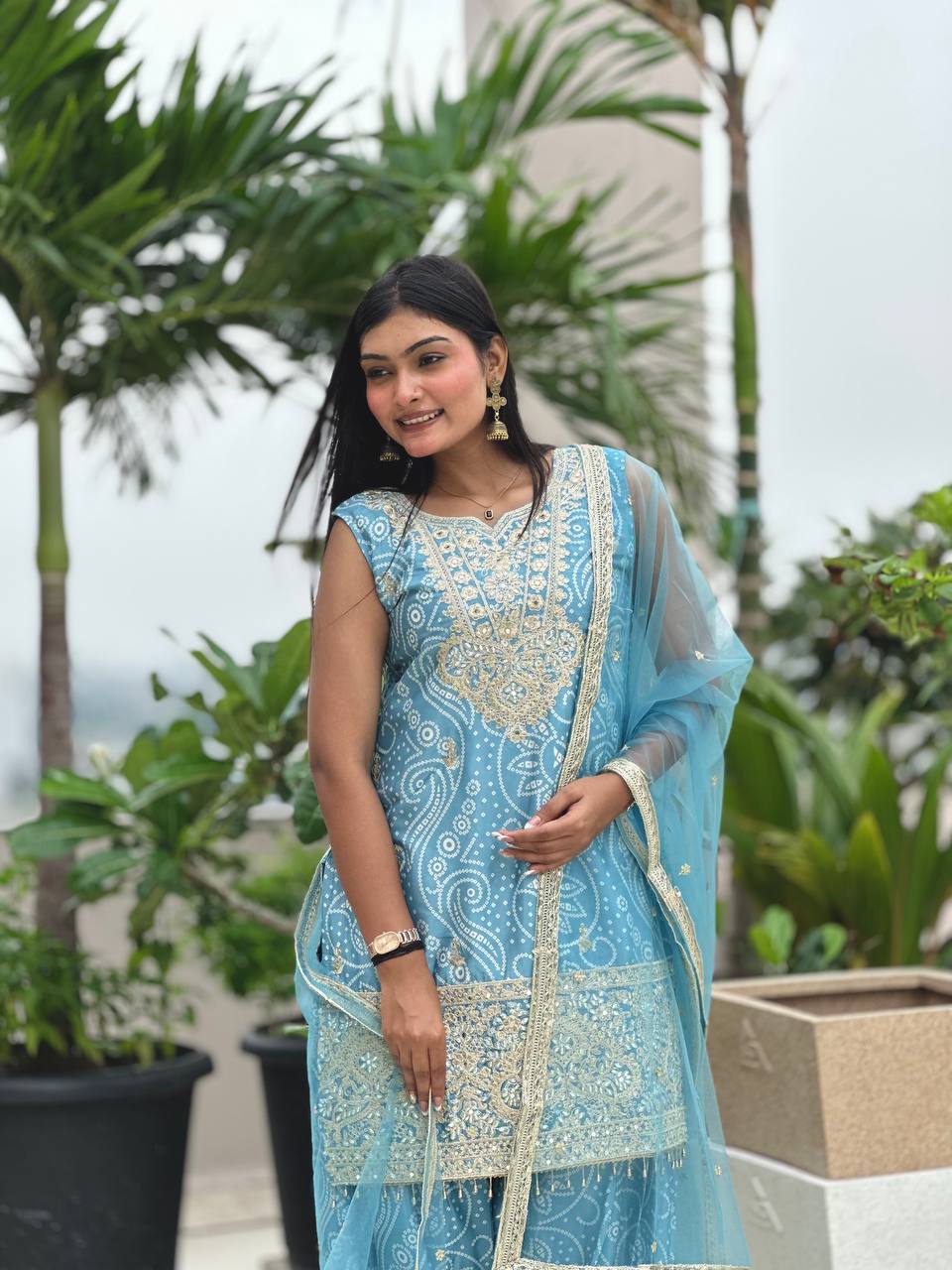 Prazu Fashion Sky Blue Chinon Silk Embroidered Dhoti Style Suit - Distacart