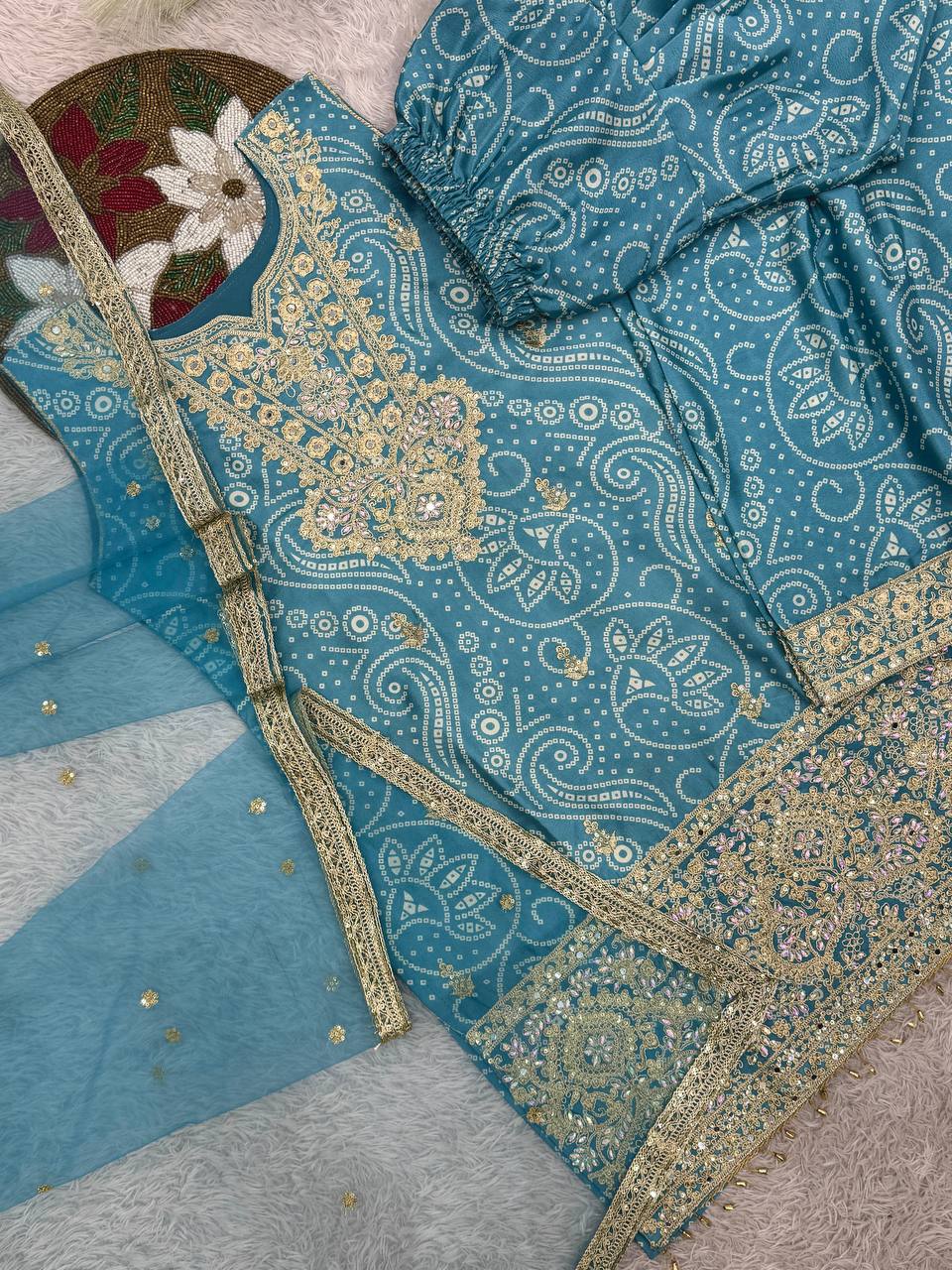 Prazu Fashion Sky Blue Chinon Silk Embroidered Dhoti Style Suit - Distacart
