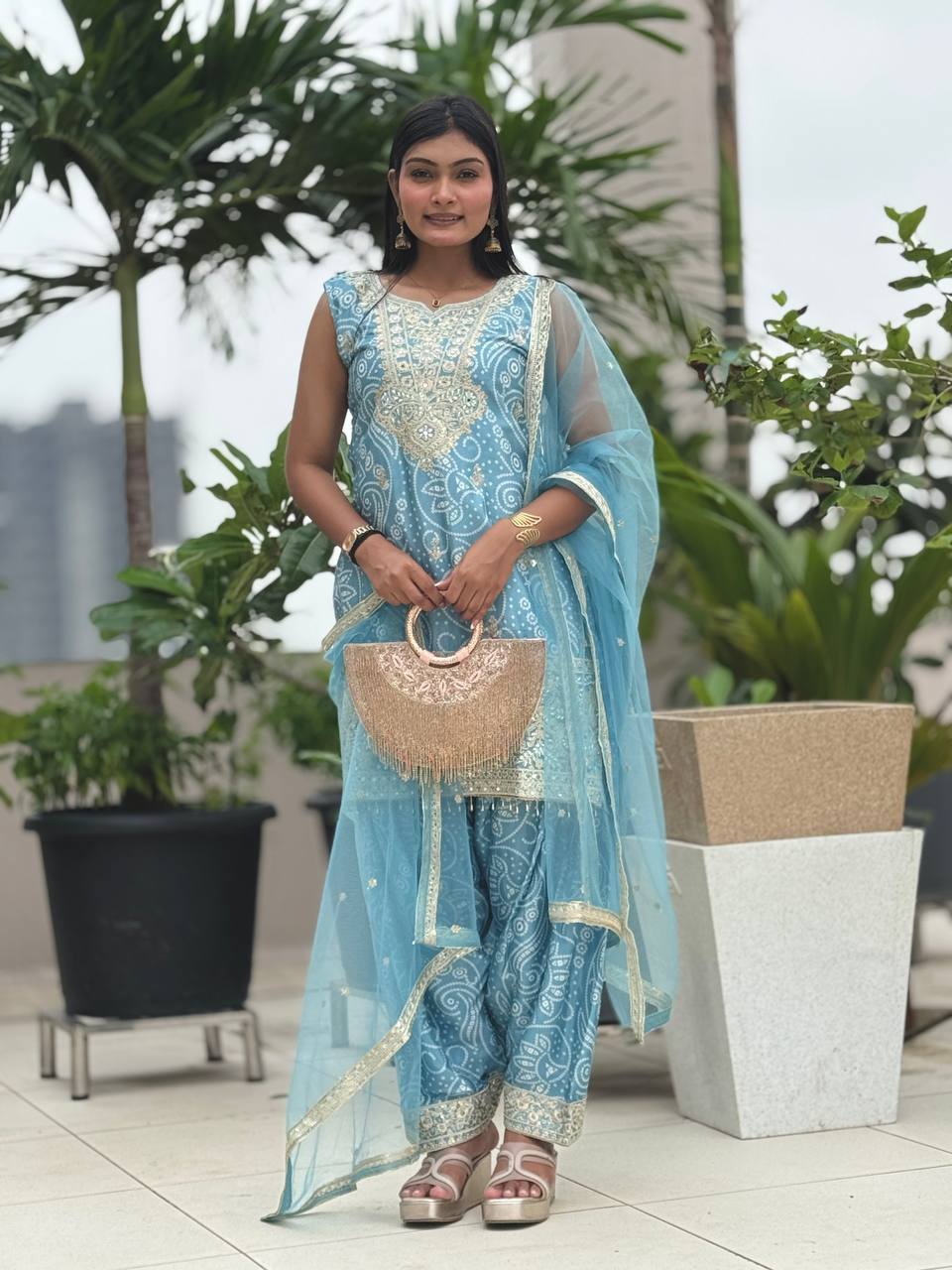 Prazu Fashion Sky Blue Chinon Silk Embroidered Dhoti Style Suit - Distacart