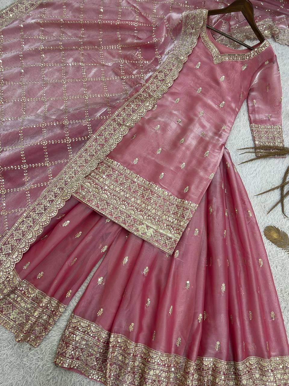 Prazu Fashion Peach Jimmi Silk Embroidered Sequence Work Palazzo Suit - Distacart