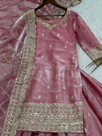 Prazu Fashion Peach Jimmi Silk Embroidered Sequence Work Palazzo Suit - Distacart