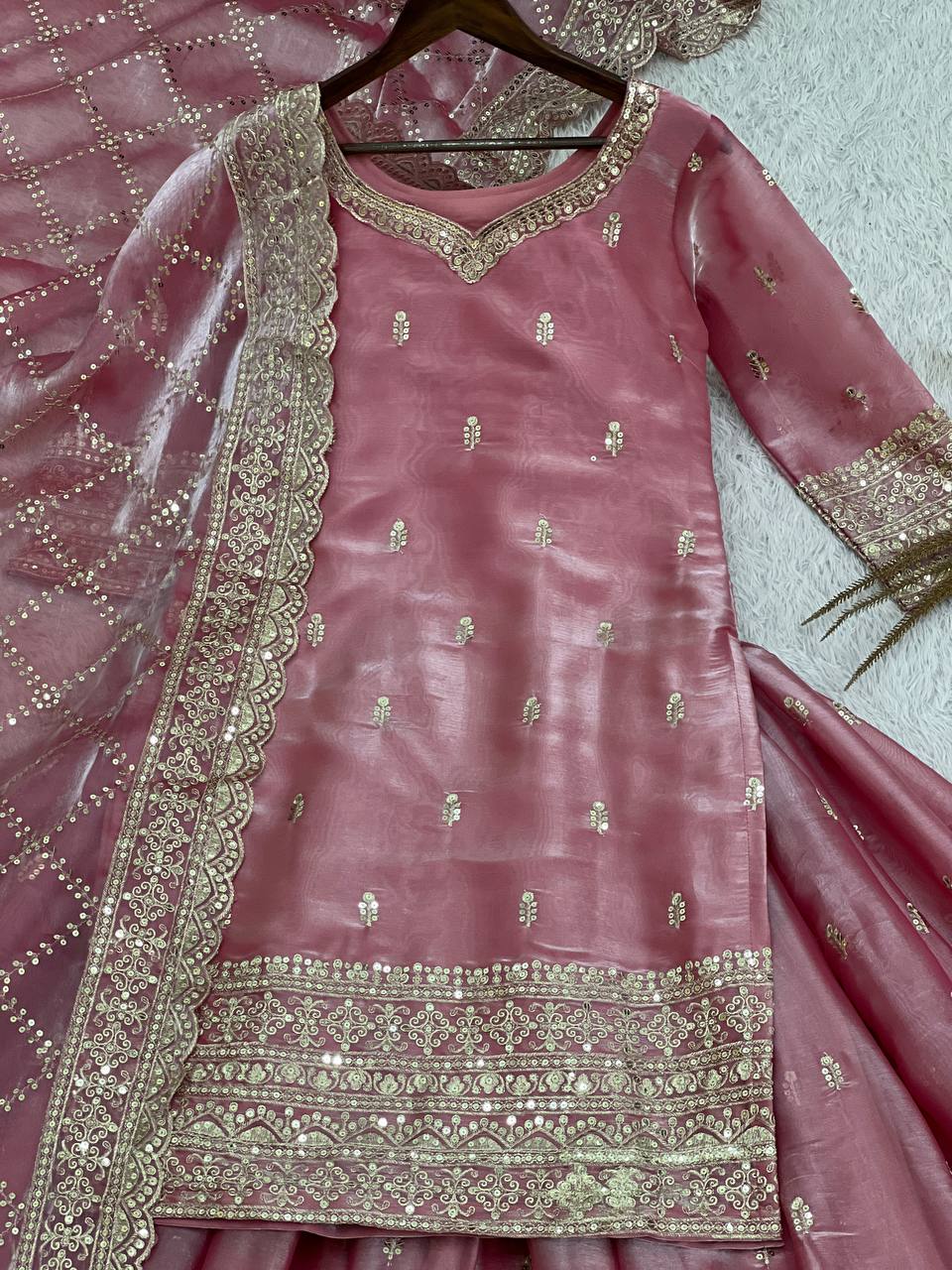 Prazu Fashion Peach Jimmi Silk Embroidered Sequence Work Palazzo Suit - Distacart