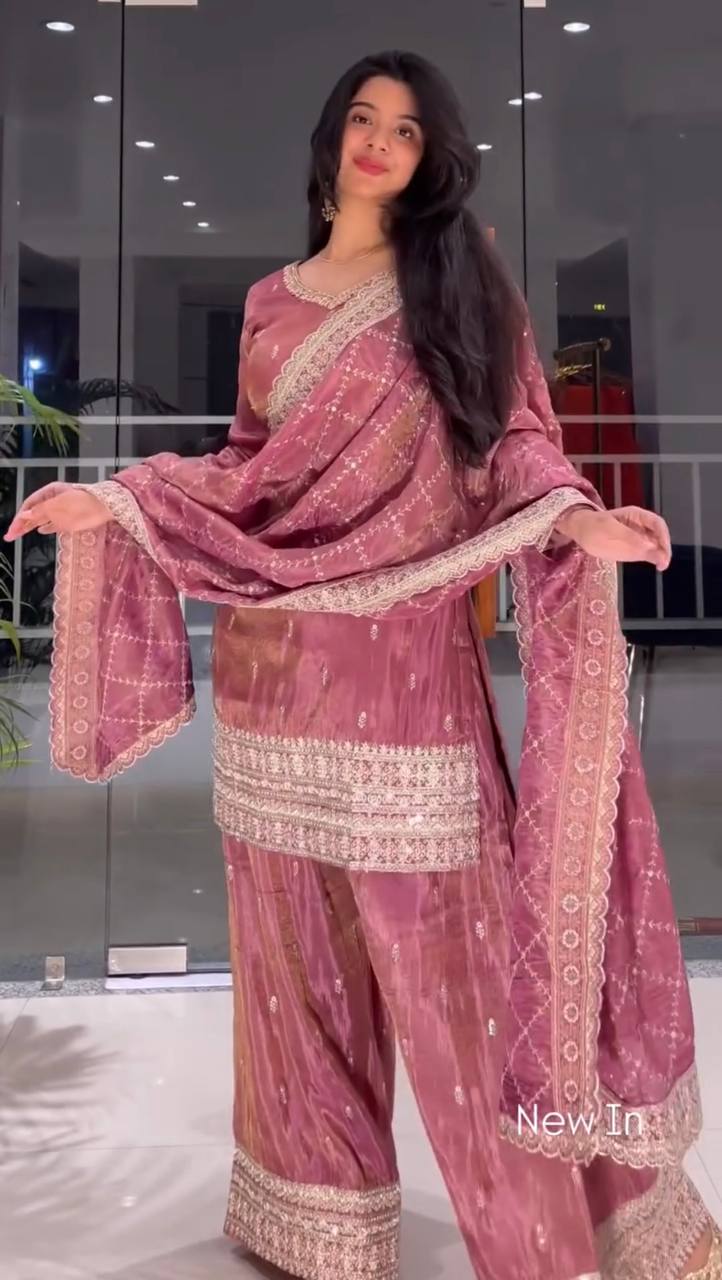 Prazu Fashion Peach Jimmi Silk Embroidered Sequence Work Palazzo Suit - Distacart