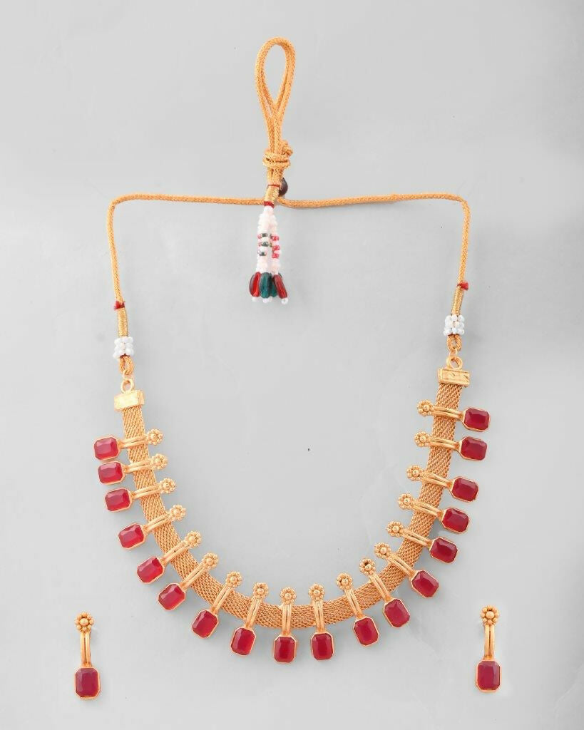 VOJ Gold-Polished Traditional Maroon Stone Studded Necklace And Earrings Set