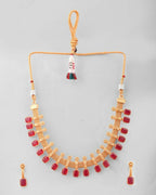 VOJ Gold-Polished Traditional Maroon Stone Studded Necklace And Earrings Set