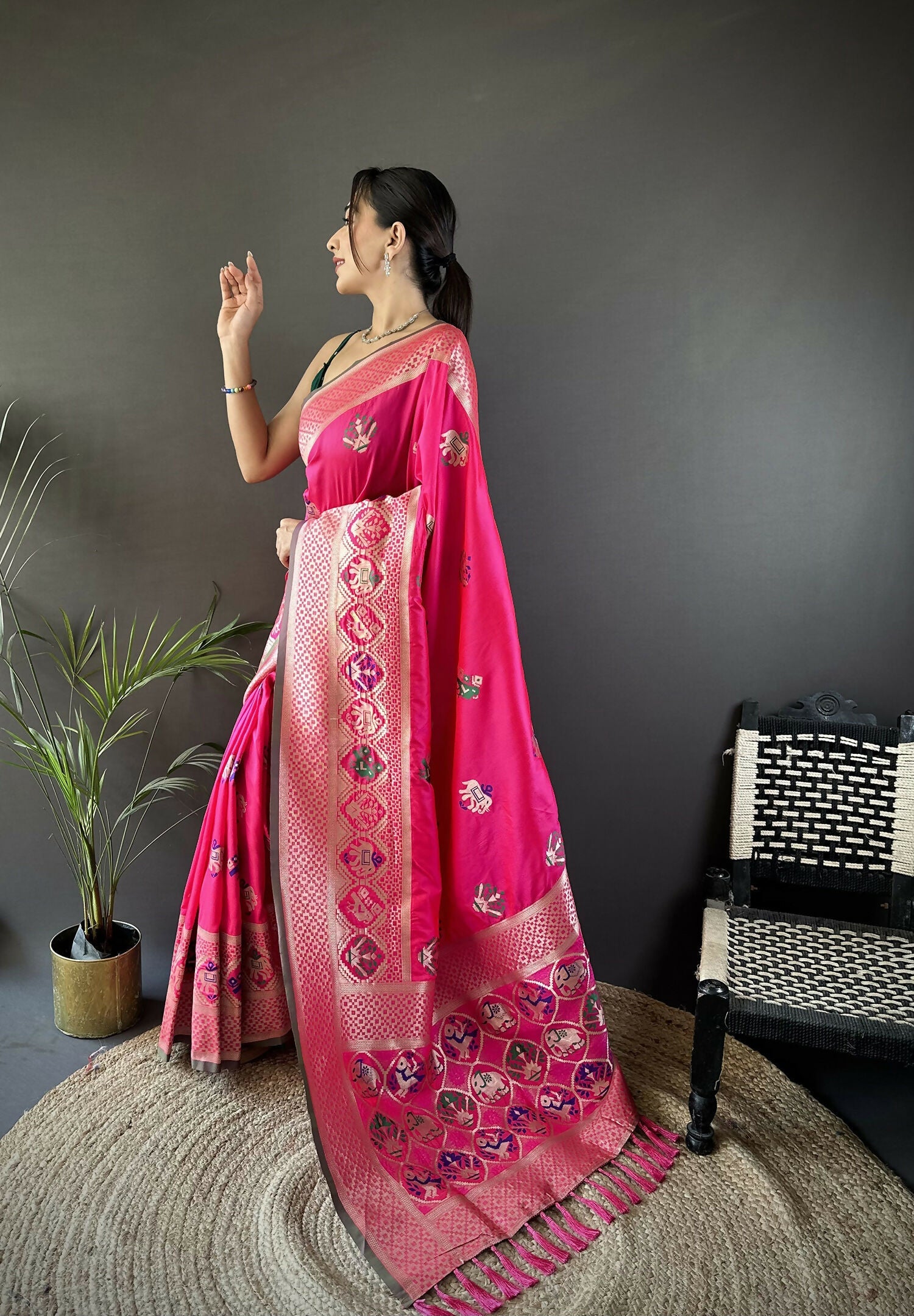 Joban Fashion Rani Pink Elephant & Floral Motifs Soft Lichi Silk Banarasi Saree - Distacart